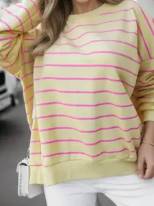 Women's Loose Fit Sweatshirt, Wave Stripe Back Slit Round Neck Long Sleeve Pullover, Fall Winter Casual Streetwear Top