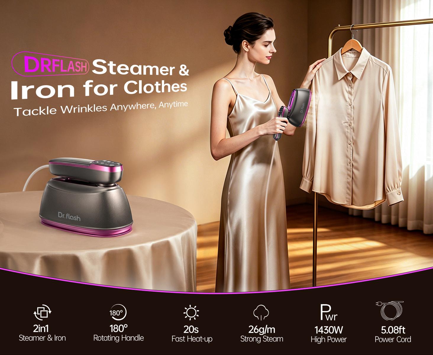 Dr.Flash 2-in-1 Portable Clothing Steamer & Iron Combo Travel Steam Generator, 245ml Large Water Tank, Fast Heat-Up Wrinkle Remover with Large Soleplate, Lightweight Easy-to-Use 1-Button Start for Home & Travel Users,back to school,back to school haul