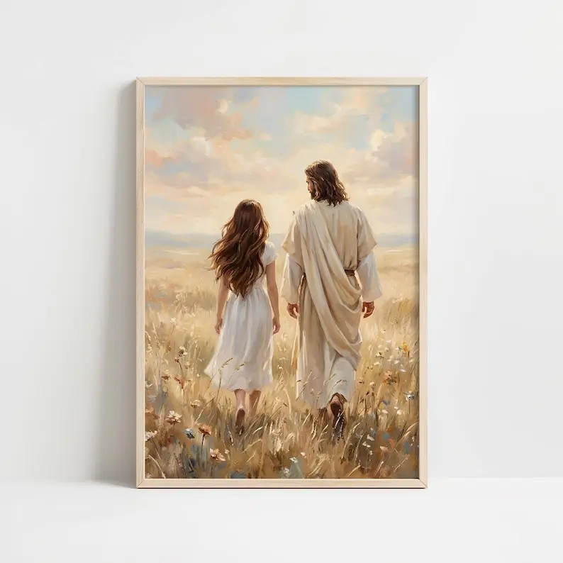 Jesus & Brunette Woman in Sunlit Field, Serene Spiritual Printable, Luminous Landscape, , Rustic Pastoral Art, LDS art
