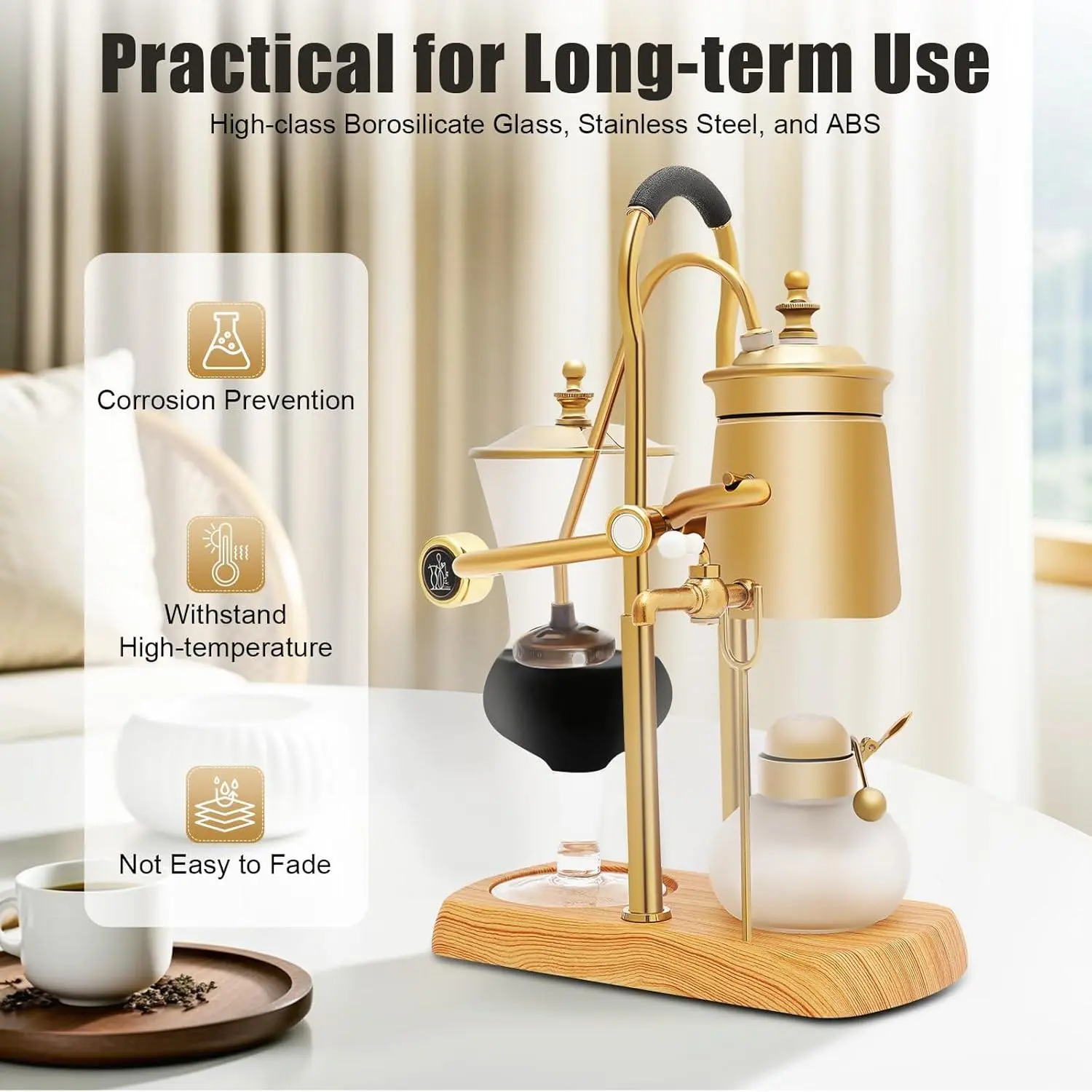 Retro Look Gold Manual Siphon Coffee Maker - 13.53oz Borosilicate Glass, Titanium-Plated Steel, Gravity Brewing, Anti-Scalding Safety Design, Free-Standing Beverage Maker for Home & Coffee Shops, Beverage Stores, Home & Coffee Shop Use, Alcohol Fuel