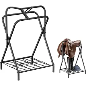 Foldable Saddle Rack with Bottom Storage Shelf – Heavy Duty Horse Saddle Stand for English & Western Saddles, Portable Blanket Holder & Saddle Pad Rack for Tack Room, Barn & Trailer, Black
