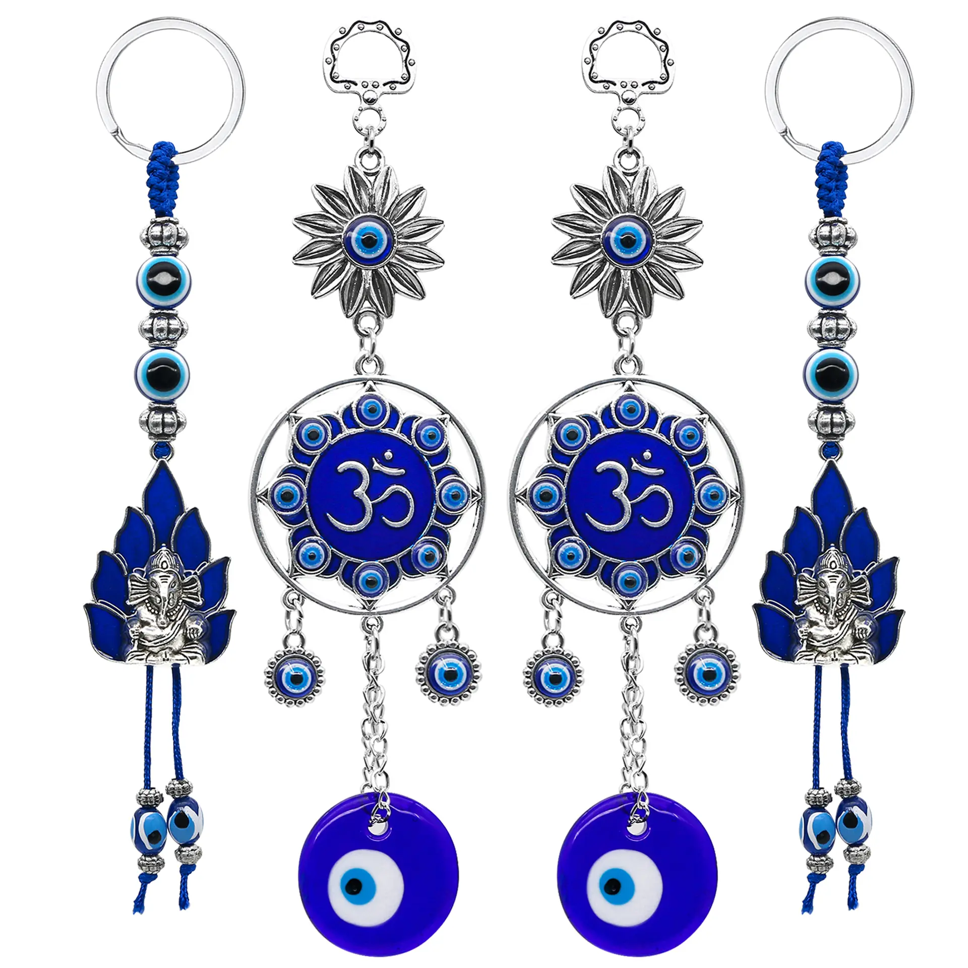 OM Evil Eye Wall Hanging Hindu God Lord Ganesha Evil Eye Keychains Set - Evil Eye Charm Car Decor Turkish Nazar Amulet Boncugu Car Rearview Mirror Home Window Door Shrine Spiritual Ornament