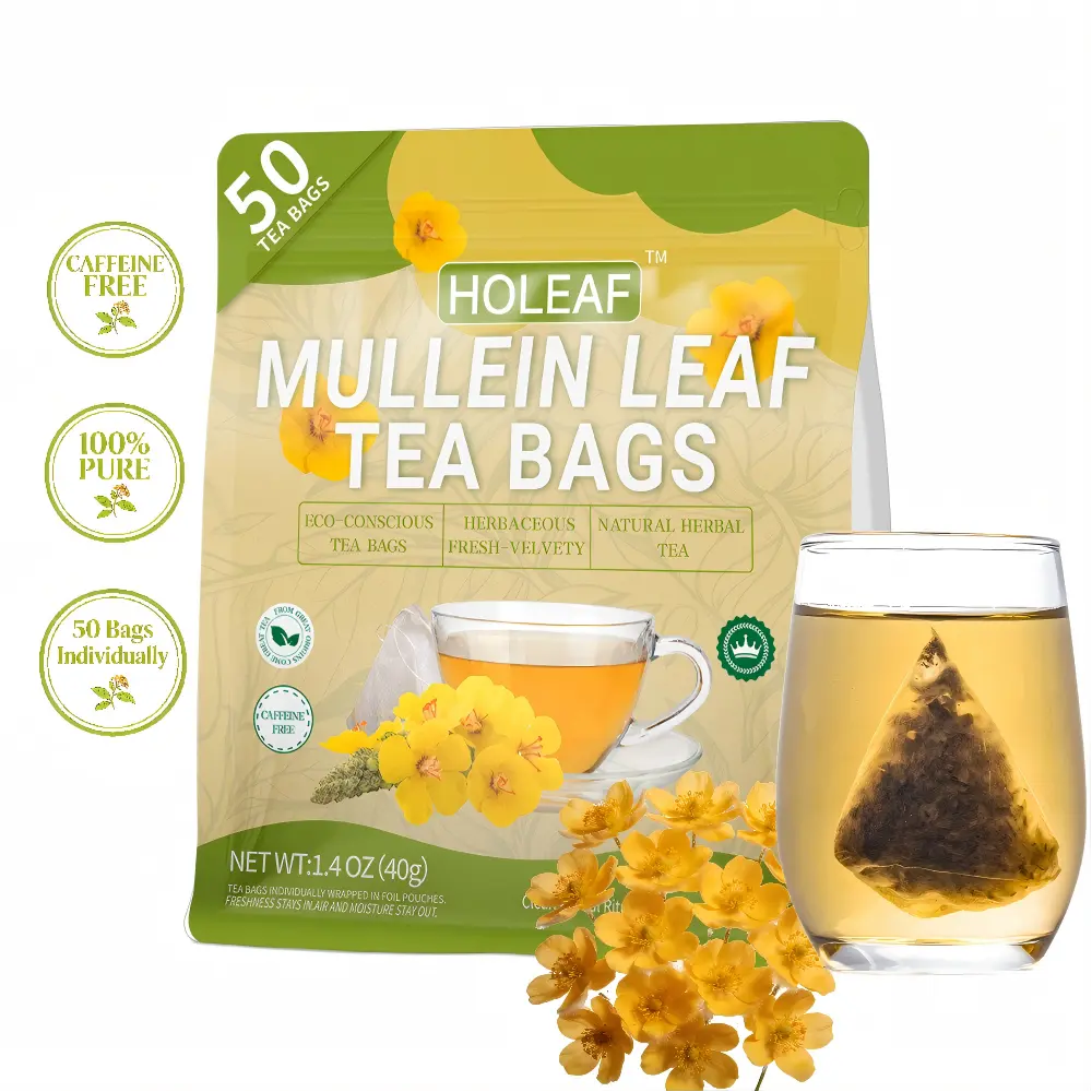 Holeaf Mullein Leaf Herbal Tea Bags, 100% Natural Pure Mullein Leaves, Lung Detox Support, Caffeine-Free, Non-GMO, Individually Wrapped, 50 Count for Respiratory Relief