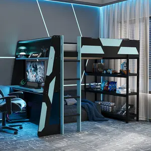 Modern Full Size Wood Gaming Loft Bed with Desk and Charging Station, Multi-Storage Shelves, LED Gaming Loft Bed for Teens Adults Bedroom, Black+Blue