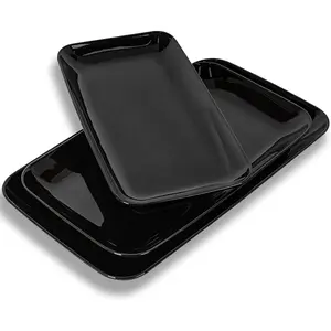 Large Serving Platter Set of 3, 16/14/12 Inch Porcelain Serving Trays for Party - Black Ceramic Rectangular Platters for Entertaining,Platter for Thanksgiving Christmas, Dishwasher Oven Safe