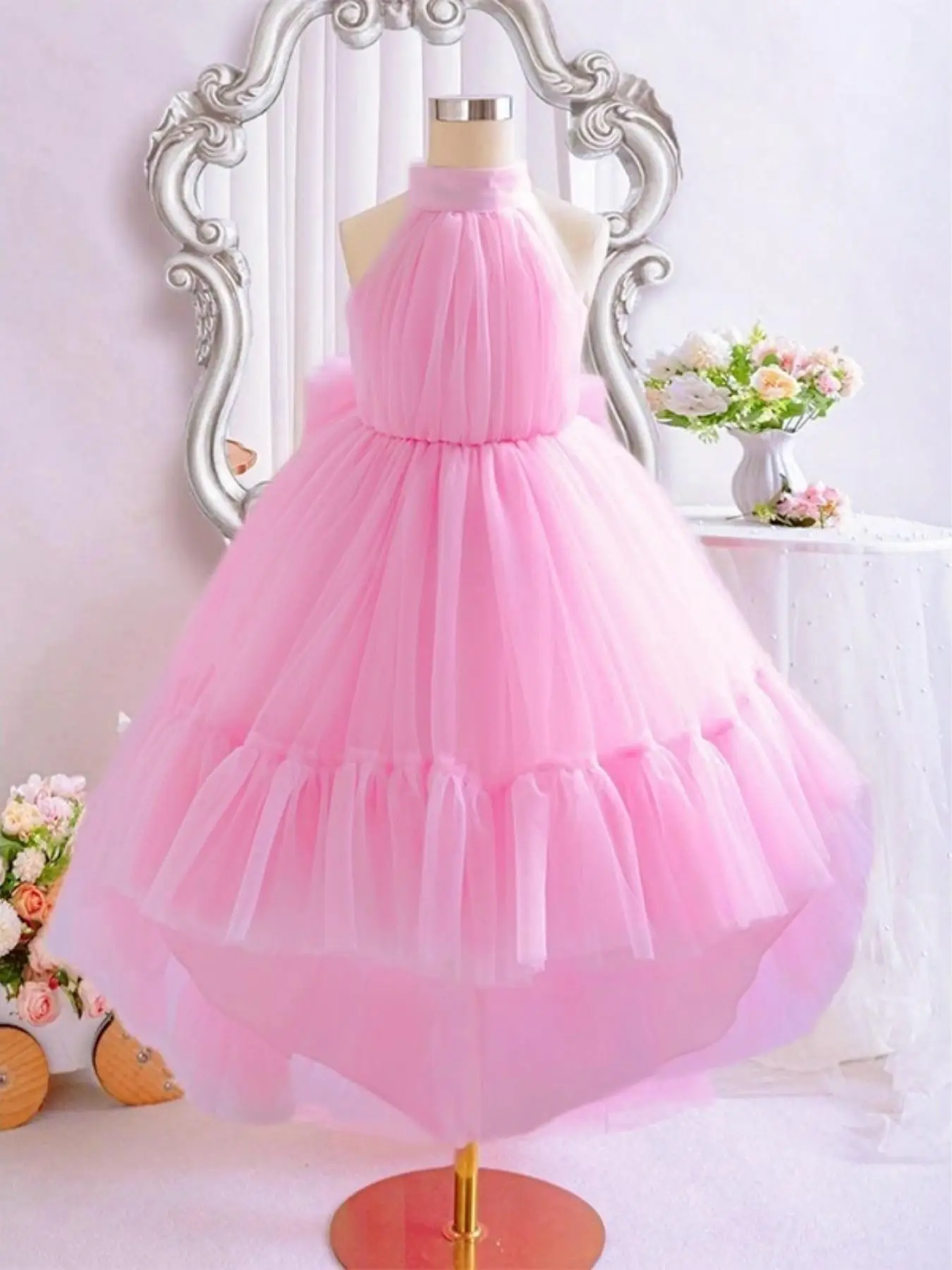 Toddler Girl's Bow Back High Low Ruffle Hem Tulle Party Dress, Elegant Sleeveless Halter Neck Button Zipper Back A Line Dress for Party Wedding Guest,