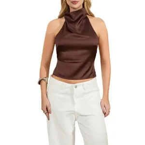 Women's Y2K Satin Tops Halter Neck Sleeveless Backless Solid Color Fit Tops Summer Going Out Shirts