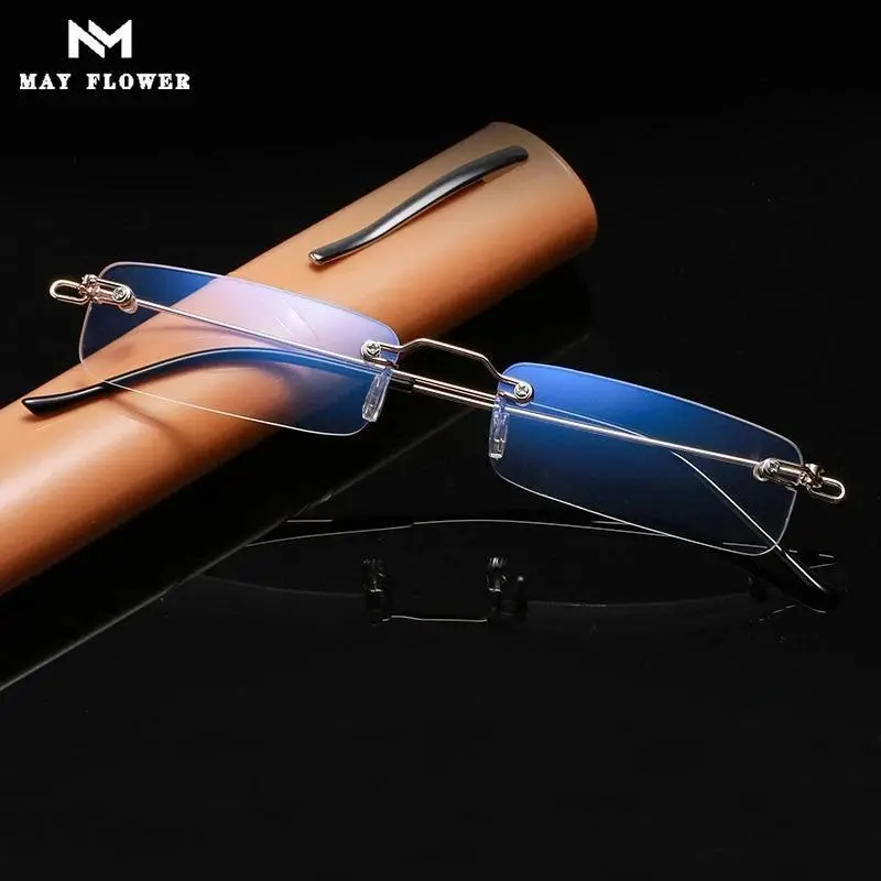 Stylish Rimless Rectangle Eyeglasses for Women and Men, Silver-Toned Anti-Blue Light Presbyopic Fashion Accessory Eyewear with Protective Case, Rimless Eyeglasses, Stylish Eyeglass