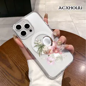 Tropical Pearl Orchid Charm Magnetic Trendy Case for iPhone 17 16 E Pro Max 15 Plus 14 13 12 11 XS XR, Minimalist Print | Silicone, Shockproof, Cute, Stylish, and Protective