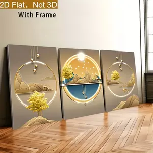 3-Piece Wood Framed Wall Art with Box, High-Resolution Light Luxury Golden Abstract Mountain Scene, Tree & Deer Print, Waterproof Glossy 2D Flat, Ready-to-Hang Minimalist Home & Kitchen Decor