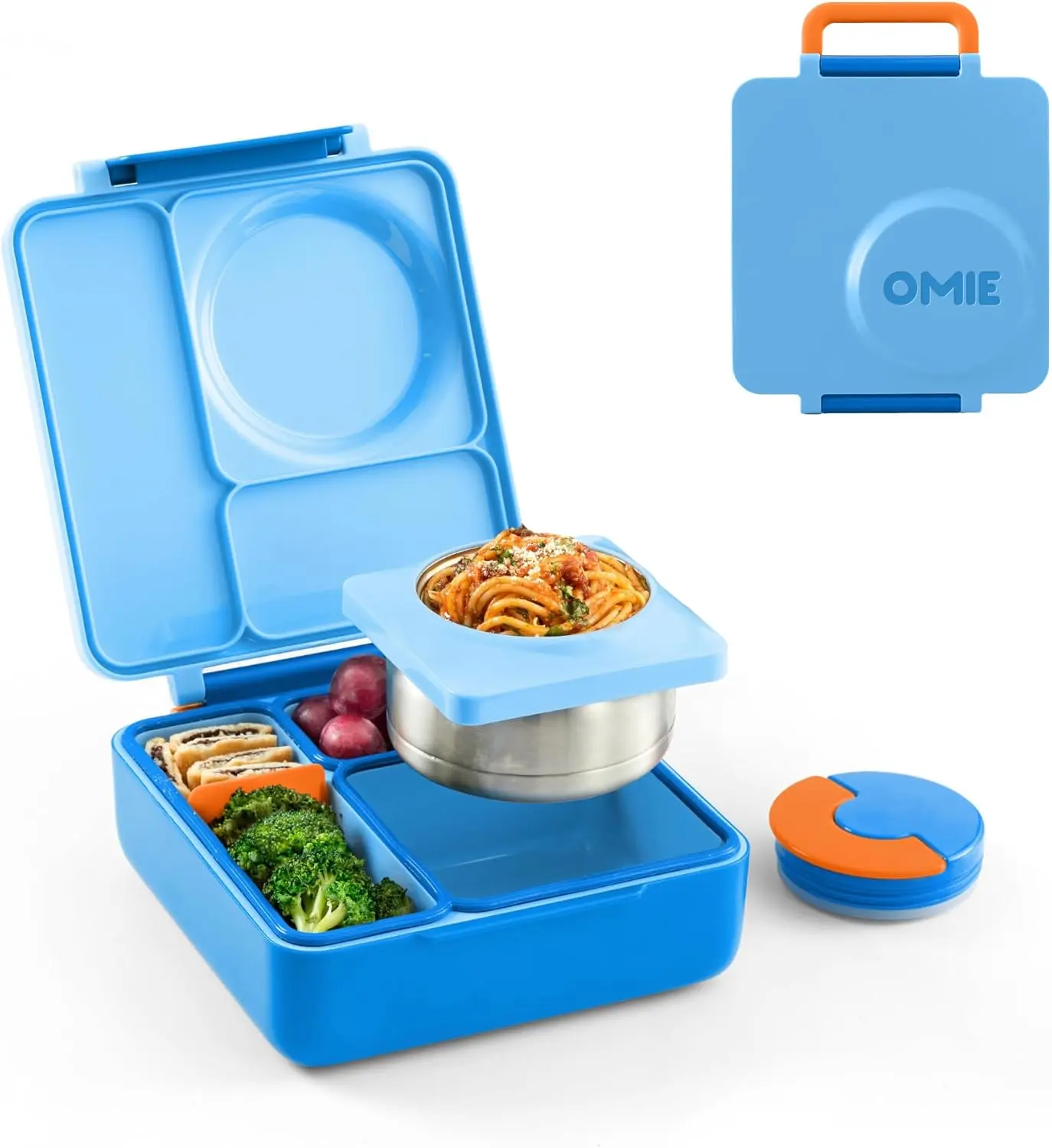 OmieBox Kids' Insulated Bento Lunch Box - Leak-Proof Vacuum Insulated Food Jar, 3 Compartments, 2 Temperature Zones (Blue Sky)