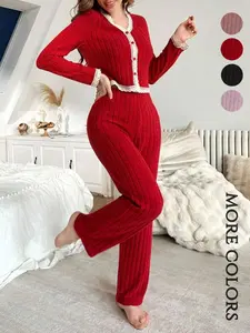 Women's Christmas Long Sleeve Pajama Set, Elegant Patchwork Design, Slim Fit Warm Sleepwear Loungewear, Casual Street Style for Fall & Winter
