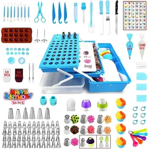 Cake Decorating Kit, 387 count Baking Supplies Tools with 56 Icing Tips, 8 Russian+Ball Tips, 3 Spatulas, 5 Couplers, 8 Carved Pens, 102 Pastry Bags, Storage Box & , (Blue)