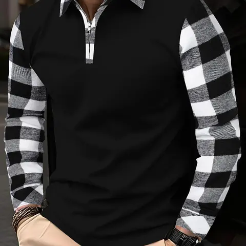 Men's Checked Patchwork Half Zip Up Plaid Polo Shirt, Casual Collared Regular Fit Classic Long-Sleeve Top for Fall & Winter, Men's Clothes for Daily Wear, Menswear