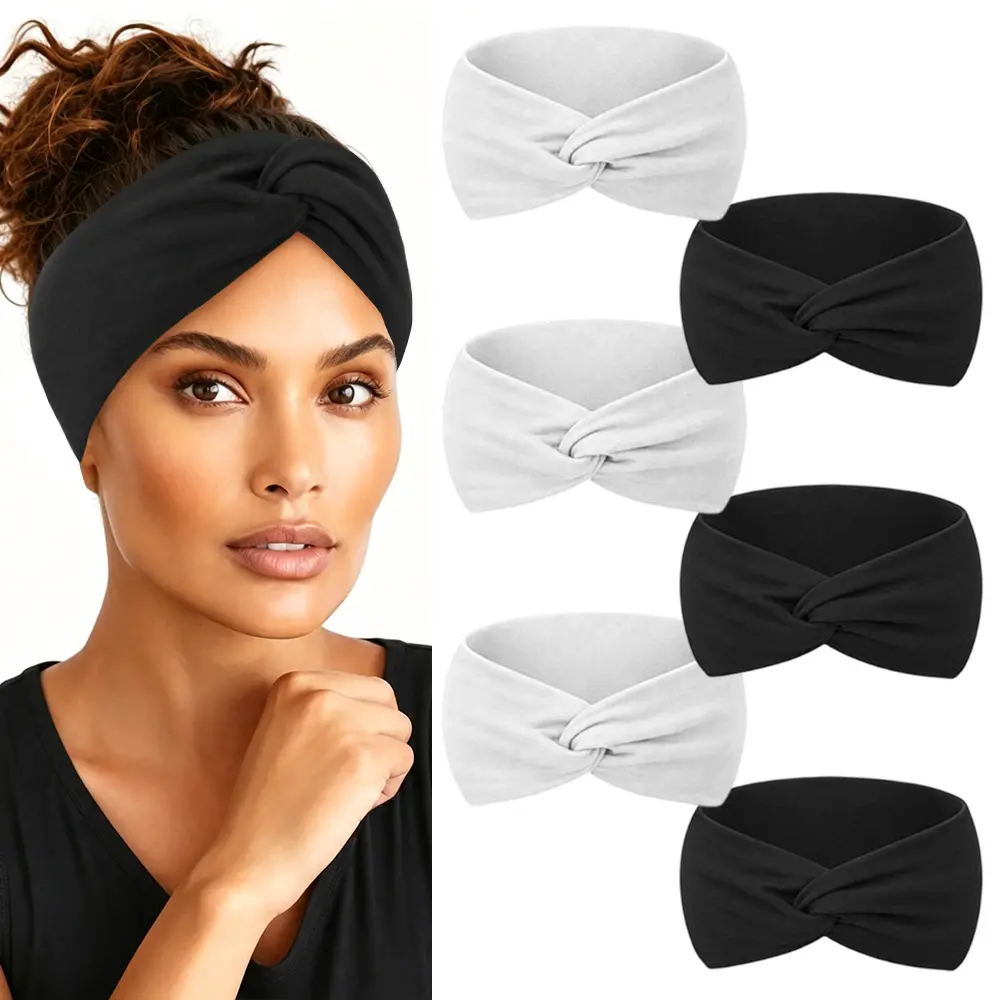 6PCS 4inch Extra Wide Headbands for Women, Large Like Turban Knotted Bandana Head Bands for Women Non Slip, Boho Headbands for Women's Hair (3Pcs White + 3Pcs Black)