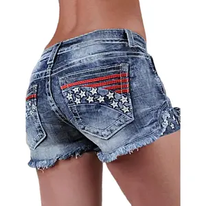 Womens High Waisted Star Striped Embroidery Jean Shorts Ripped Distressed 4th of July Denim Shorts Stretch Frayed Hem Bodycon Navy Blue Soft Stretchy Fabric Summer Casual Raw Hem Skinny Jorts