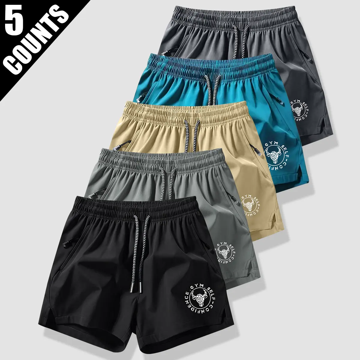Men's 5-Piece Loose Casual Polyester Shorts Set - Lightweight, Durable, Quick-Drying, Zippered Pockets for Security, Technical, Patterned, Adjust-Fit, Elastic, Pullstring, Suitable for Fitness, Daily Wear, Technical Men's Shorts, Patterned Men's Shorts