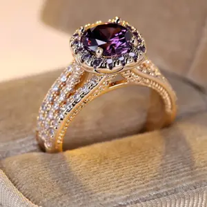 14k Gold Plated Ring with Elegant Shiny Purple Zirconia & Striped Claws, Bridesmaid/Wedding Gift Jewelry, Valentine's Day
