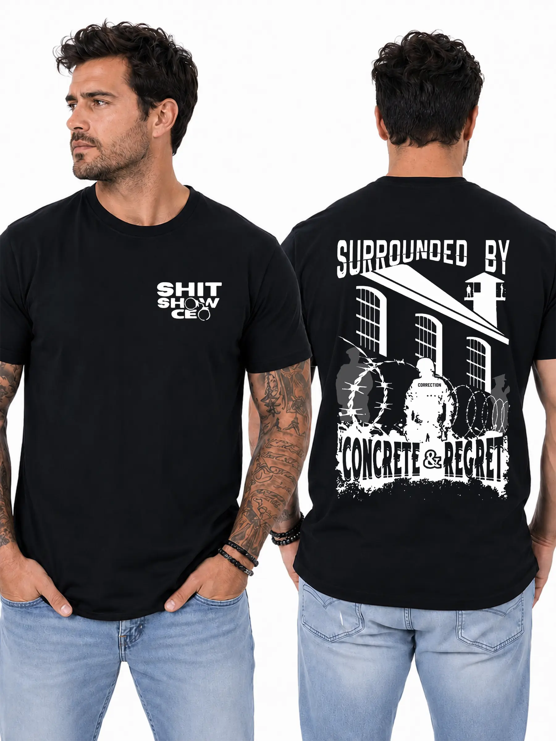Corrections Officer Concrete and Regret T-Shirt – Prison Guard and Barbed Wire Fence Graphic Tee, Shit Show CEO Humor Shirt, Funny Correctional Facility Apparel for Men Design