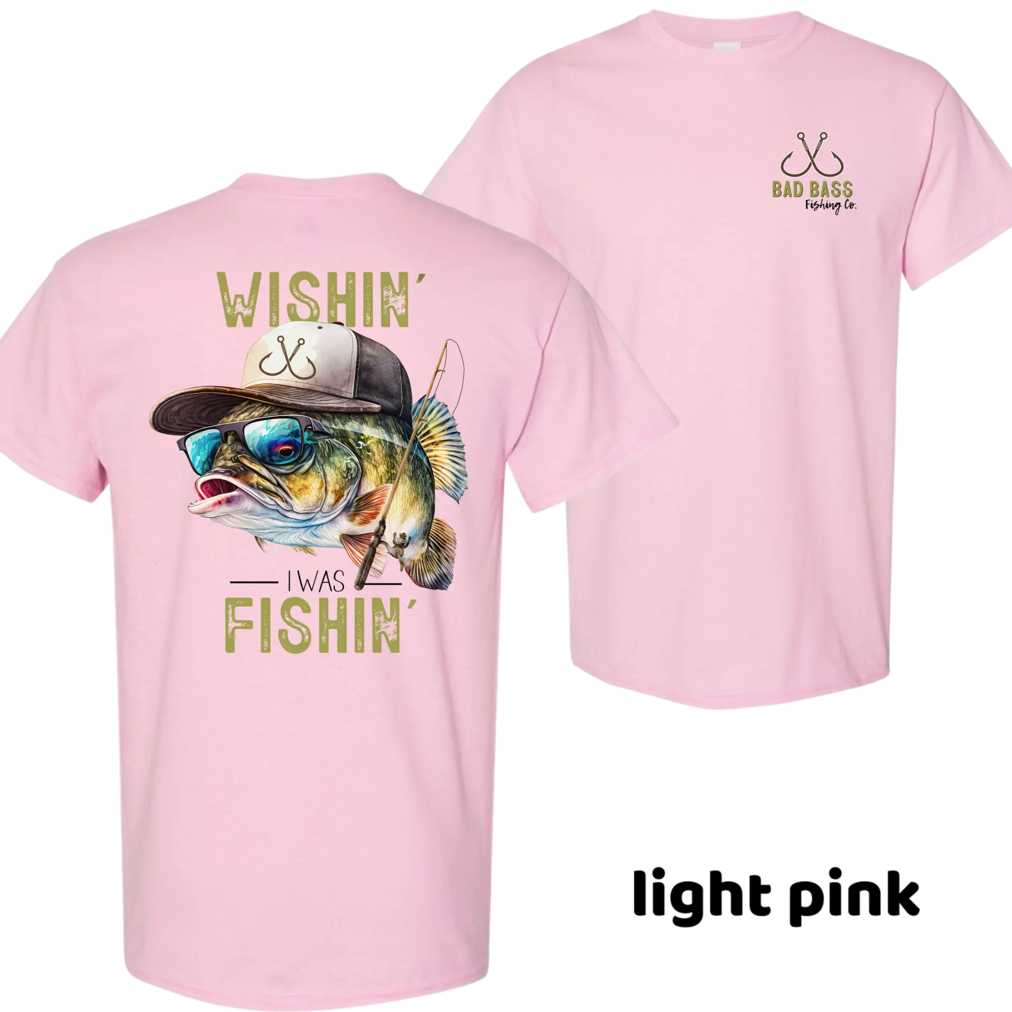 Bad Bass Fishing Co Wishin' I Was Fishin' Bass Tee - Funny Fishing Shirt For Men and Women 100% Cotton in Dark Heather & Heather Colors