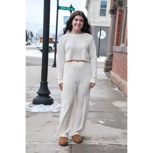 Chic Cable Knit Lounge Set - Long Sleeve Crop Top & Wide Leg Pants - Cozy & Stylish for All Seasons - Comfortable Everyday Wear Outfit Style Pieces