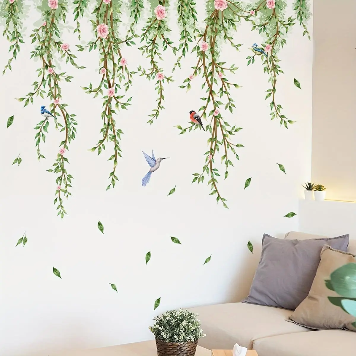 Leaf Vine Flower Bird Pattern Wall Sticker, 2 Sheets/set Self Adhesive Wall Decal, Decorative Sticker for Home Living Room Bedroom, Ornaments, Floral Pattern Sticker, Wall Art Stickers, Decoration Sticker, Interior Wall Decor, Decorating