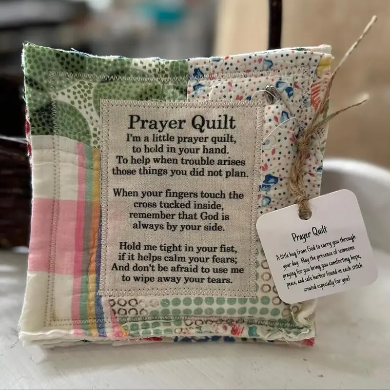 Vintage Prayer Decorative Blanket Square with Cross, Mini Handmade Quilt Throw, Colorful Stitched Blessing Poem, Home Decor Gift Idea, Cozy Throw Blanket