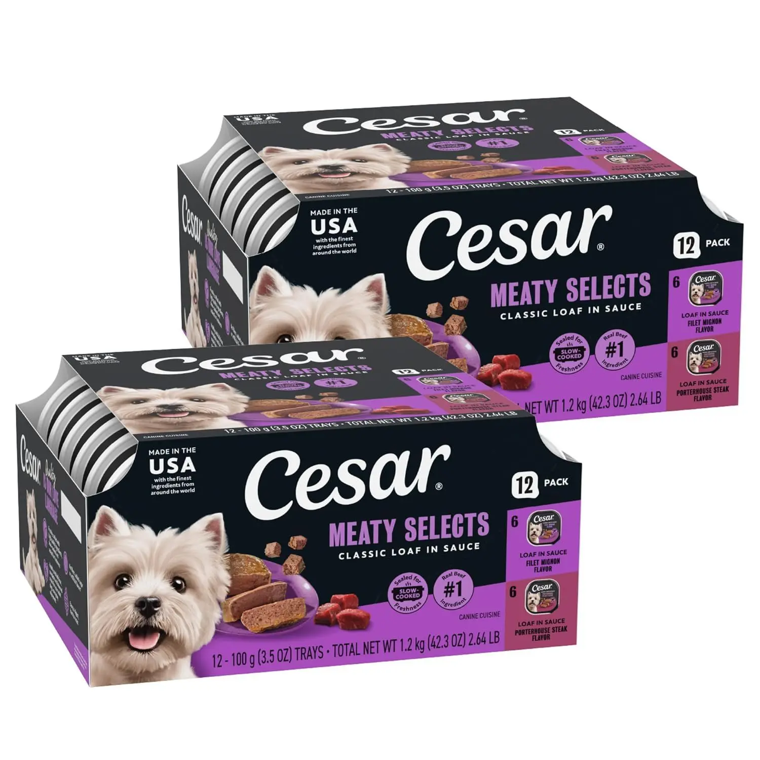 Cesar Classic Loaf in Sauce Wet Dog Food, Meaty Selects, 3.5 oz, 24 Count | Made in USA, Real beef or chicken #1 ingredient, no fillers or artificial flavors, slow-cooked, easy peel trays