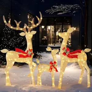 Outdoor Christmas Decorations for Yard, 3 Pcs Lighted Christmas Deer Family Set, Warm White LED Lights Xmas Yard Decor, 3D Reindeer with Stakes Zip Ties for Lawn Garden Porch Holiday, Gold