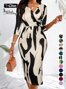 Aliling Women's Dress Valentine's Day Women's Clothing Summer Thin Lightweight Polyester Elegant Midi V-Neck Half Sleeve Geometric Print Ruched Slim-Fitting Dress Womenswear