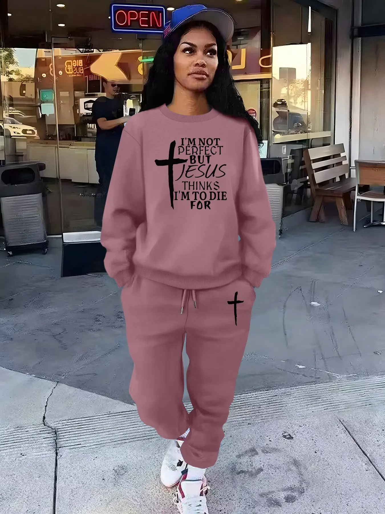 Jesus Letter print Women's 2 Piece Set Women's Casual Loose-Fit Sportswear Set, Round Neck Long Sleeve Pullover & Slim Fit Pants, Fall Winter