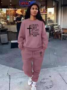 Jesus Letter print Women's 2 Piece Set Women's Casual Loose-Fit Sportswear Set, Round Neck Long Sleeve Pullover & Slim Fit Pants, Fall Winter
