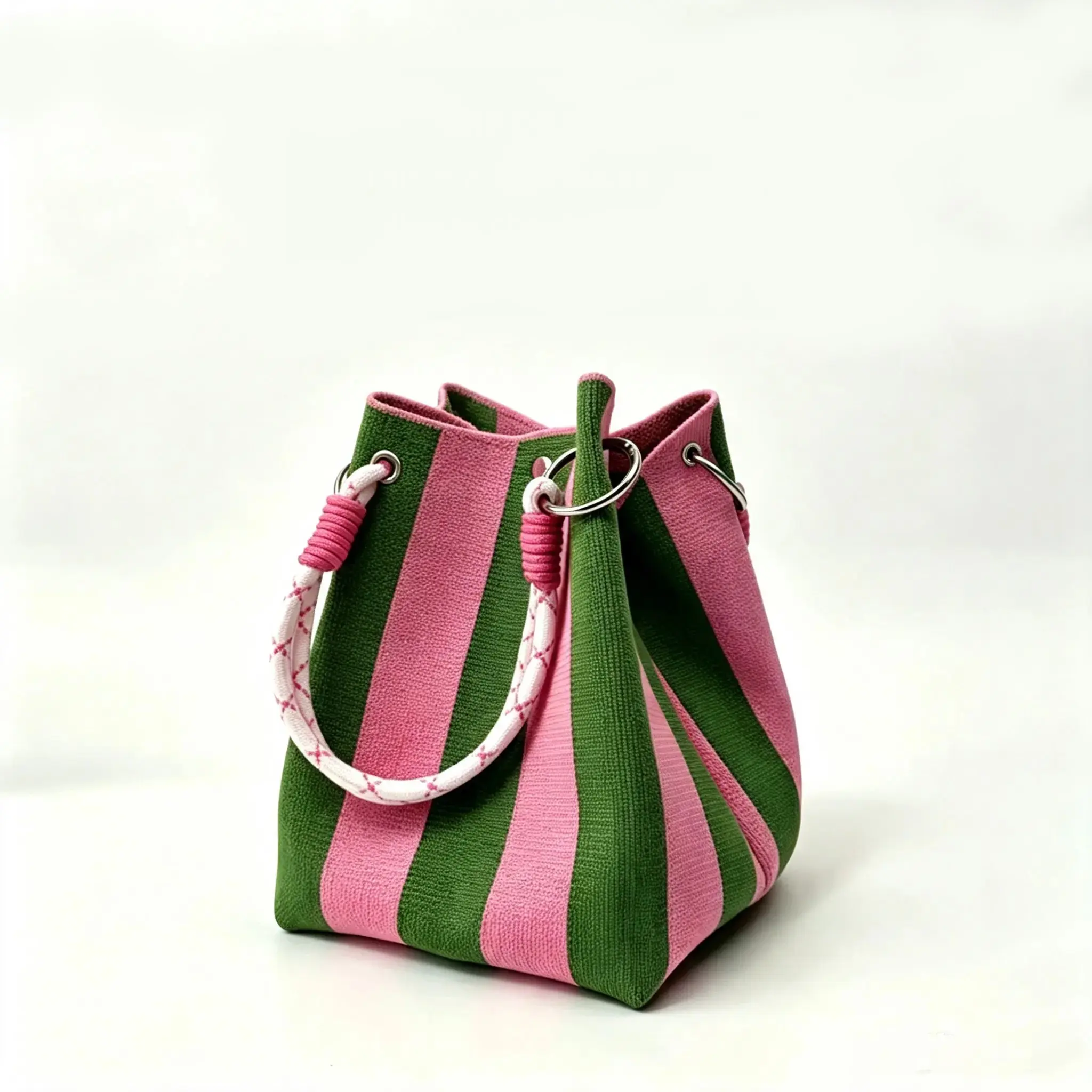Women's Striped Knitwork Drawstring Bucket Bag - Handmade Woven Polyester, Adjustable Small Soft Casual Crossbody Shoulder Bag, Lightweight for Summer Beach Vacation Travel Daily Use