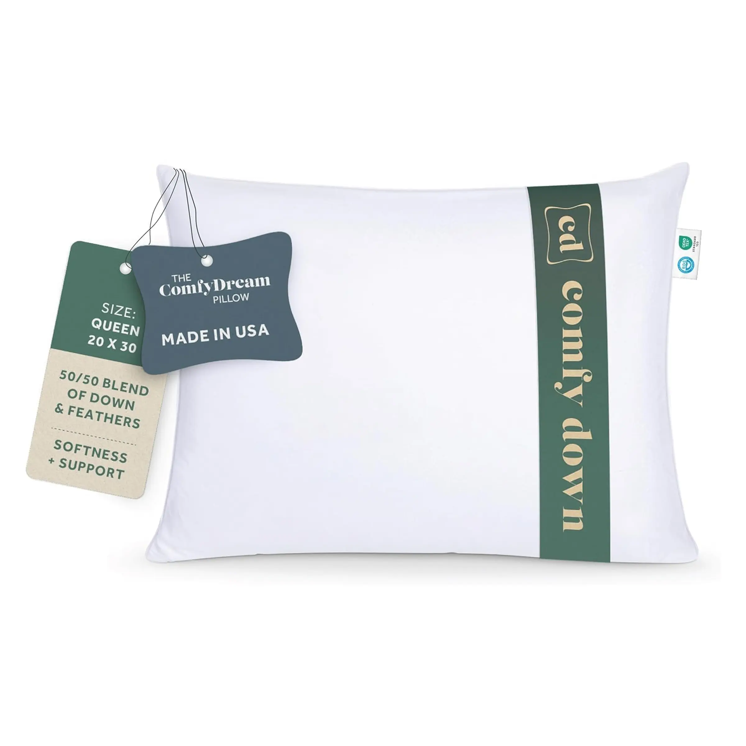 ComfyDown 50/50 Down Feather Blend ComfyDream Bed Pillow for Sleeping, Egyptian Cotton Cover, Made in USA support pillow