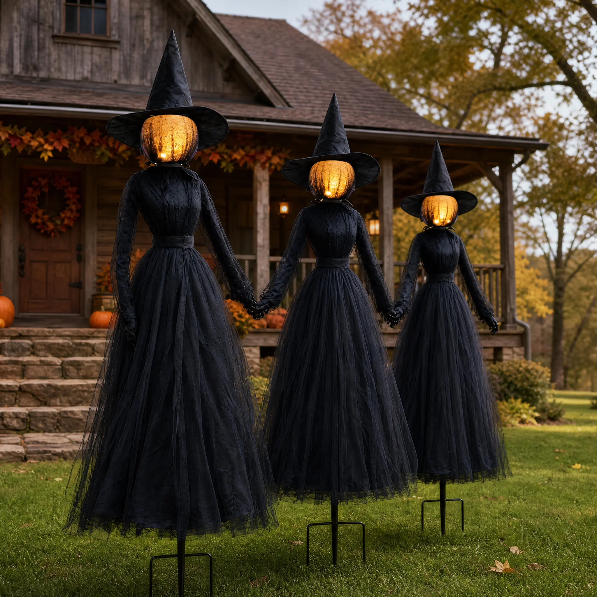 Hourleey Halloween Decorations Outdoor, 3 Pack 6 FT Holding Hands Lighted Witches Stakes with Glowing Face, Halloween Witch Decor for Yard Garden Lawn Porch Haunted House Party Props
