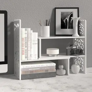 Adjustable White Desktop Bookshelf, Decorative Carved Wood Desk Organizer Shelf, Multi-Tier Storage Rack for Home Office, Study Room & Bedroom