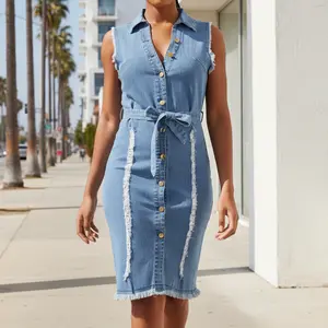 Elegant Distressed Denim Dress for Women Sleeveless Bodycon Fit with Ripped Pattern & Button Details Summer Casual Wear