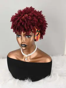 Women's Wavy Hair Wig with Fringe & Hairband Style, Wine-Colored, Synthetic African Fluffy Wave Design