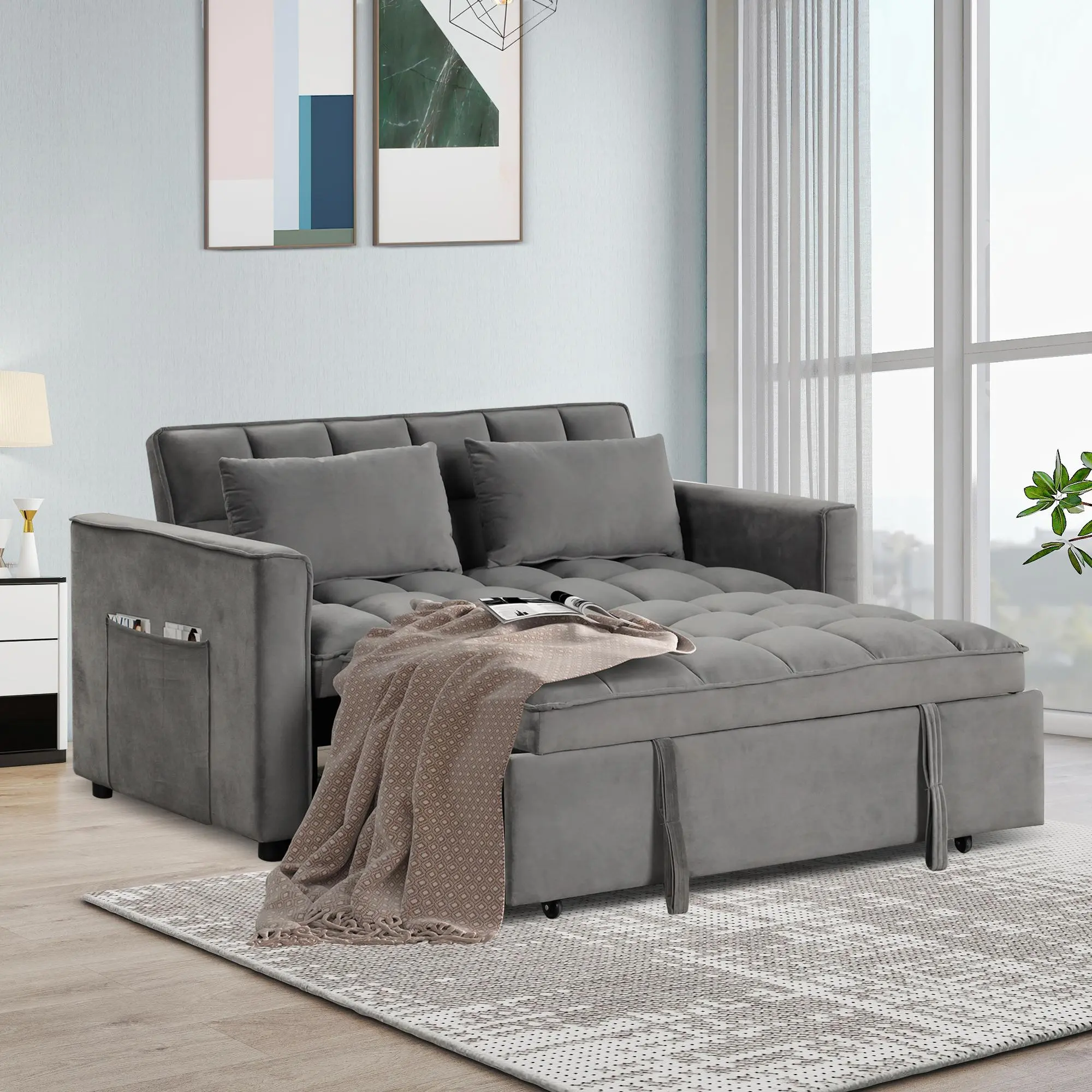 [memorialday] Convertible Sofa Bed 3 in 1 Multi-Functional Sleeper Couch, Futon Pull Out Bed, Velvet Loveseat Chaise Lounge with Side Pockets and Pillows, Modern Sleeper Sectional Sofa