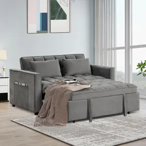 [memorialday] Convertible Sofa Bed 3 in 1 Multi-Functional Sleeper Couch, Futon Pull Out Bed, Velvet Loveseat Chaise Lounge with Side Pockets and Pillows, Modern Sleeper Sectional Sofa