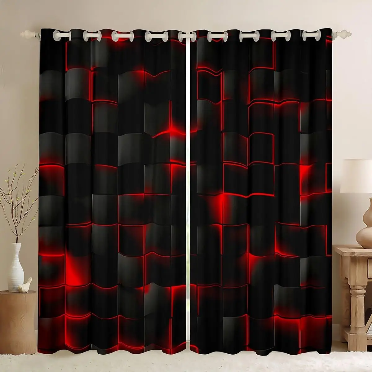 Red and Black Curtains for Bedroom Living Room (2 Panels) Light Geometric Blackout Curtains Darkening Drapes Modern Style Window Treatments