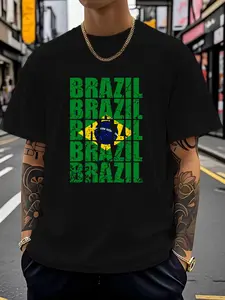 Brazil Flag Letter Print Short Sleeve Men's Loose Fit Casual T-Shirt, Summer Fashion Top for Brazil Fans, Comfortable and Stylish