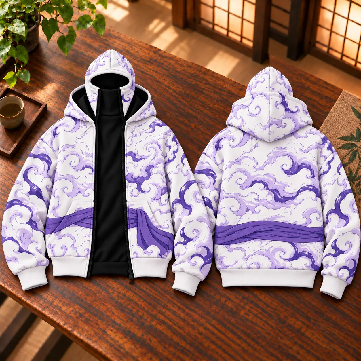 3D Anime Purple Cloud Zip Up Hoodie, Full Zip Face Cover Hoodie, White Purple Anime Streetwear Jacket, Unisex Graphic Hoodie