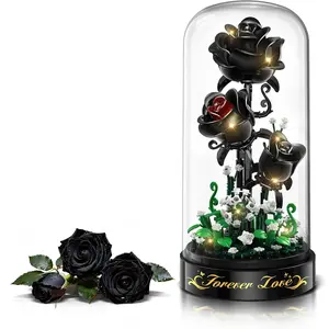 Flower Building Set with LED Light - 232 PCS Black Rose Building Blocks Kit with Dust Cover, Valentine's Day Gift for Her Grilfriend Wife 3.6MM Flower Botanical Collection Block Toy Home Decor