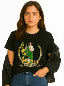Crew Neck Black T-Shirt with San Judas Thaddeus Print for Casual Wear Summer Personalized Short Sleeve Tee Unisex Breathable Versatile Plus Size USA Made Cotton Top Everyday Women Tshirt