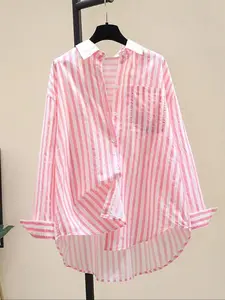 1 Piece Women's Casual Classy Elegant Striped Shirt, Fitted Long Sleeve Button-Up Button Front, Soft Fabric Blouse for Outerwear & Daily Errands