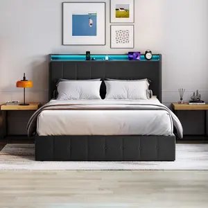 Garvee Full Size Lift-Up Storage Bed Frame with Upholstered Button Tufted Headboard, LED Lights, Charging Station, Sturdy Wooden Slats, Metal Platform, Noise-Free, No Box Spring Needed