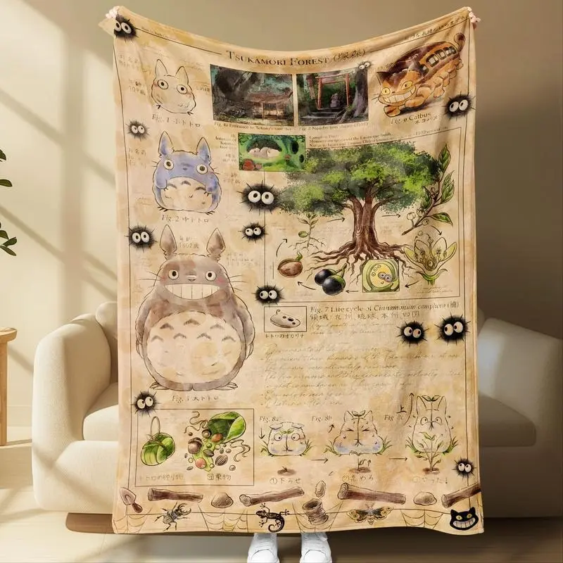Studio Ghibli Totoro Forest Cartoon Pattern Blanket - Unisex, Cute Hand-Drawn Soft Textile Throw, for Home Bedroom Holiday Gifting
