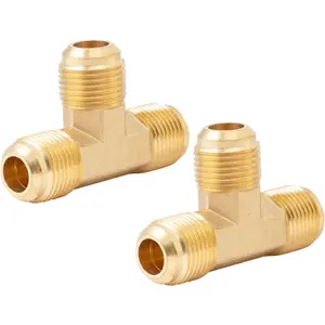 3/8 Inch Flare Propane Tee Fittings, Brass 3/8" Male Flare Barstock Tube Fittings, 3/8'' Propane Tee Tube Fittings for Gas Line, Dryer, BBO, Gas Burner (2 Pcs)