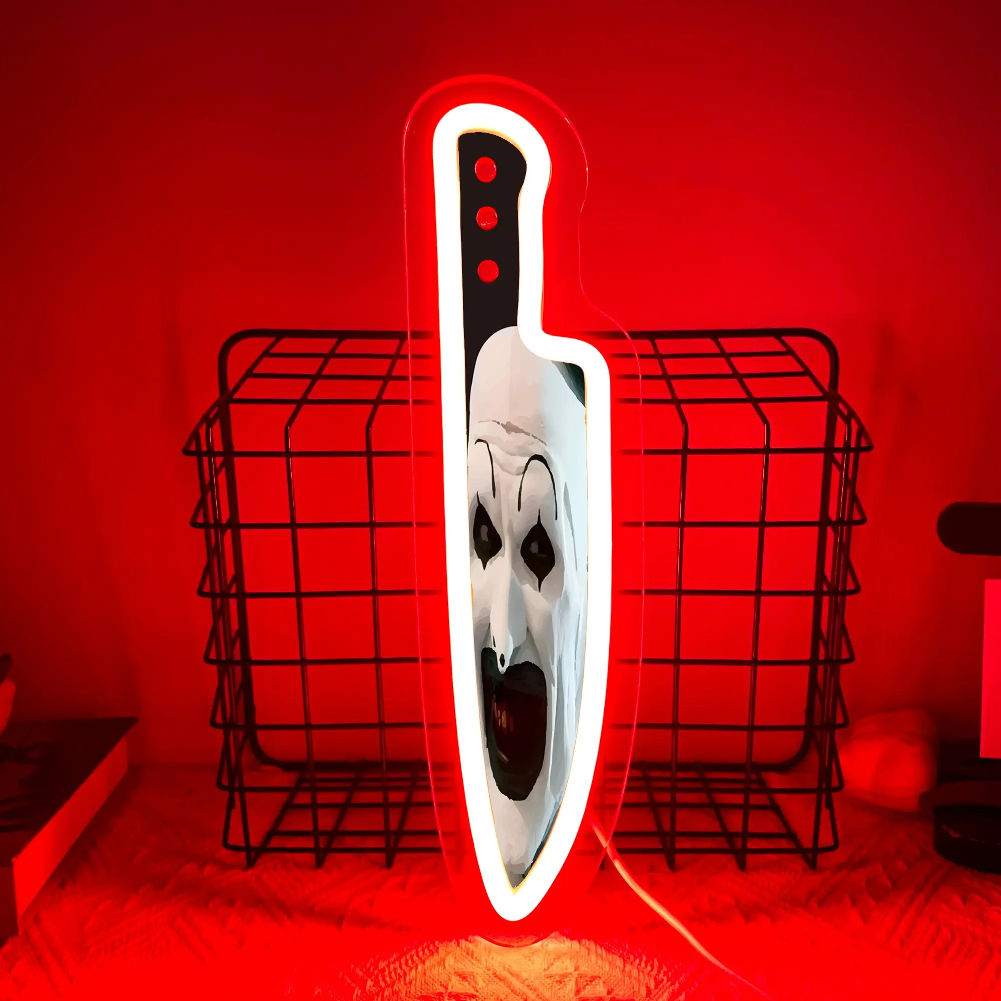 Spirit Halloween Terrifier Art The Clown Neon LED Light Up Sign Spooky Scary Clown Knife Neon Sign Halloween Decor Decoration Light-Up Hanging Sign Glowing